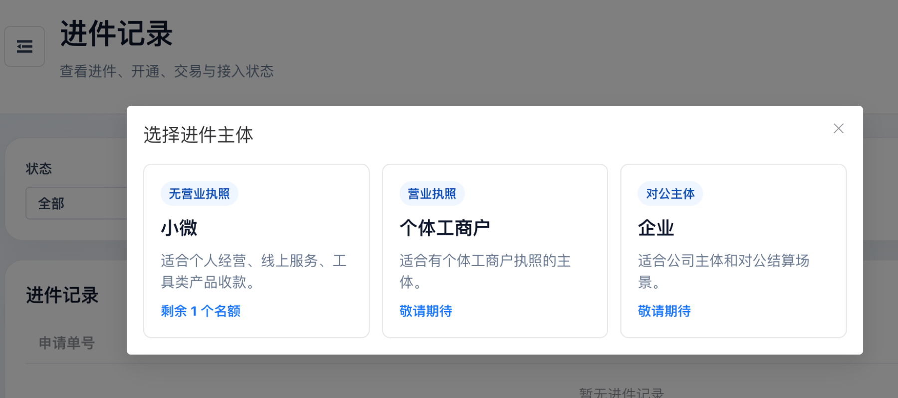 选择小微、个体工商户或企业主体
