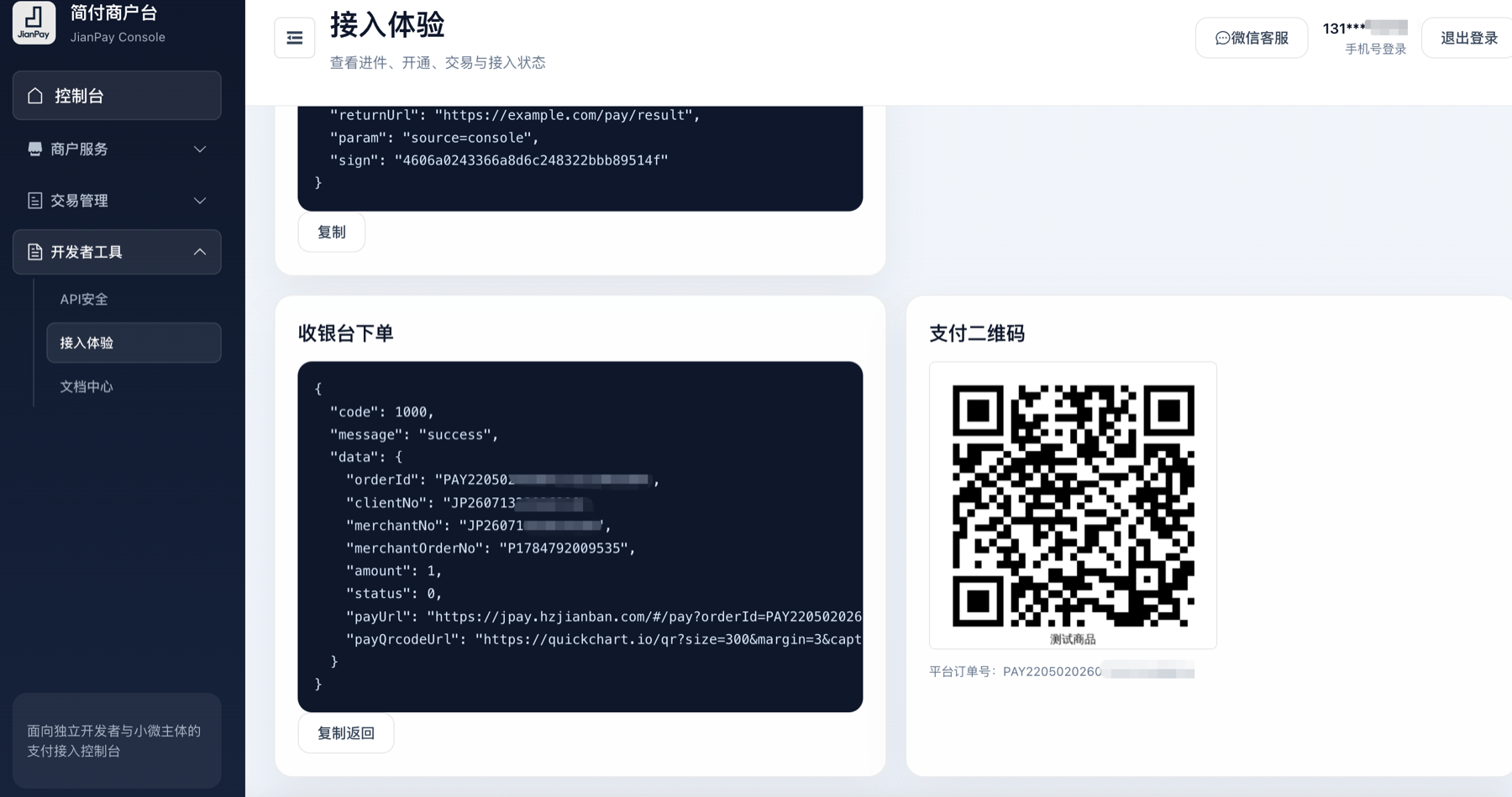 在开发者工具接入体验页面测试支付